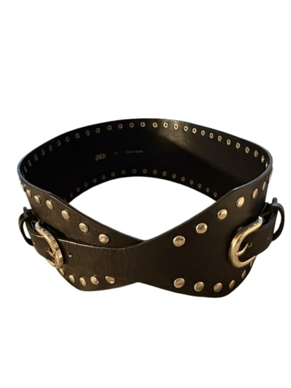 Zara NWT black leather wide belt with silver studs